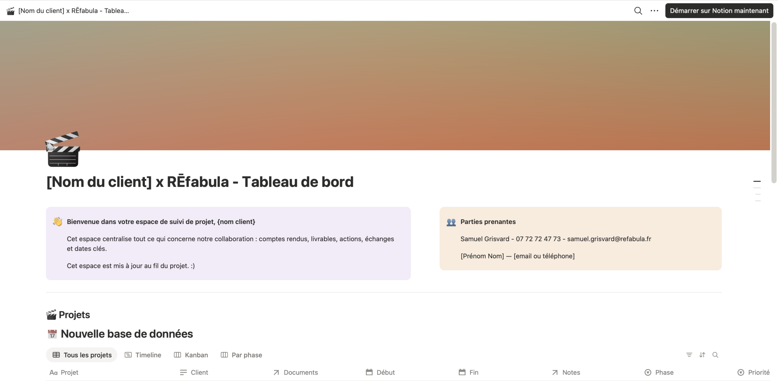 Espace client Refabula avec timeline de projet
